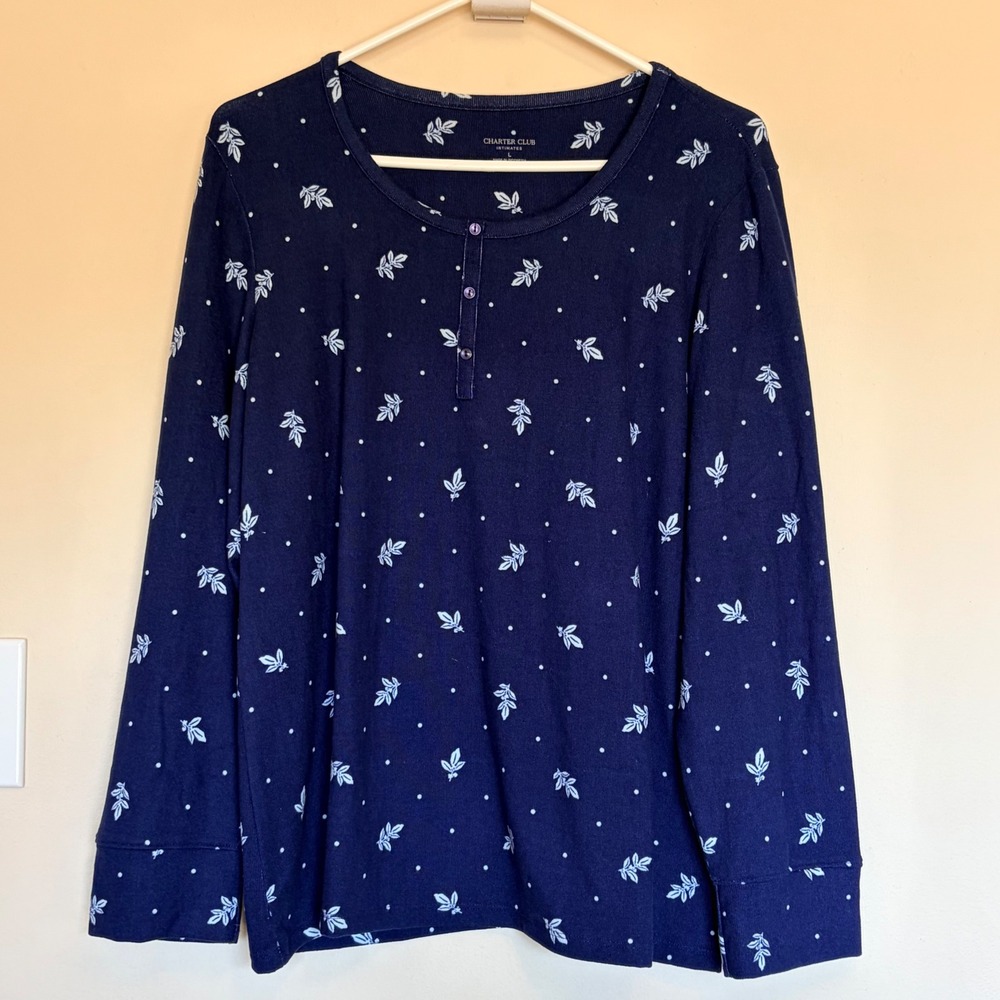 Charter Club Navy Blue Ditsy Mistletoe Holiday Christmas Pajama Top Large NWT